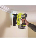 Airstrike 18V Cordless Brad Nailer P320 being used for ceiling trim work, no compressor needed, tool only, lightweight and portable.