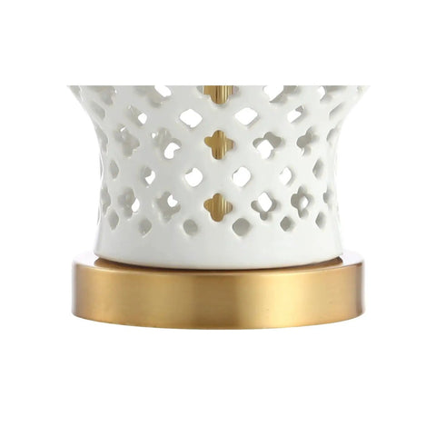 Base of White Pierced Ginger Jar Ceramic LED Table Lamp with dope modern glam quatrefoil fretwork and gold accents