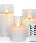 Clear Glass Flameless Candles With Timer And Remote Control Battery Powered LED Pillar Candles Set Of 3 In White Wax With Remote
