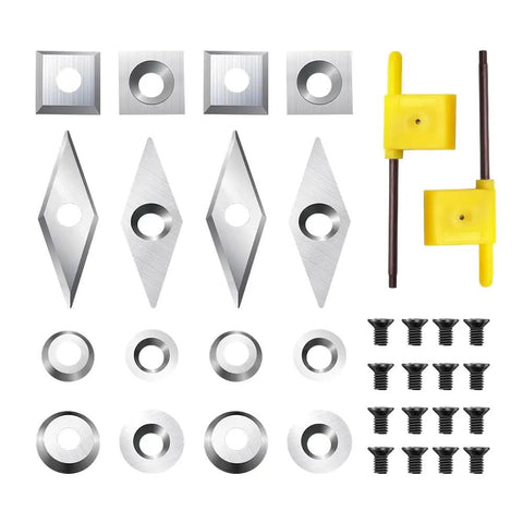 34 Piece Tungsten Carbide Insert Set For Wood Lathe Turning Tools With Various Shapes Round Square Diamond And Includes Screws And Screwdriver