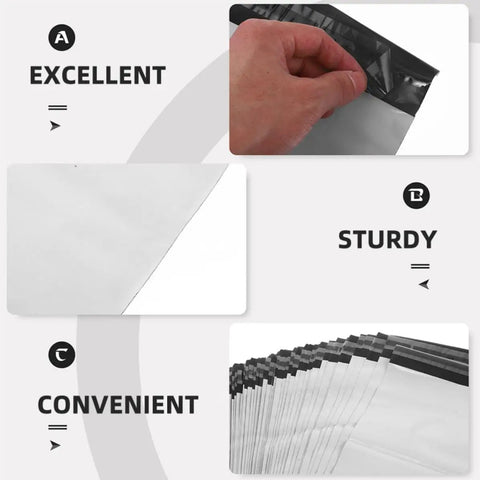 Waterproof Self Sealing PE Shipping Bags showing self-sealing feature and pack of 100 for clothing and shoes