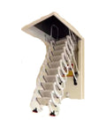 No Sweat Installation Electric Attic Ladder Featuring Fully Automatic Telescoping Design For Dead Easy Home Access And Smart Loft Space Saving Storage In Crisp White At Eighty By One Twenty Centimeters Dimensions, showing the extended ladder.