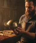 Medieval Viking Shield Boss Umbo Crafted From 14 Gauge Steel With Antique Brass Finish 8 Inch Diameter being held in workshop