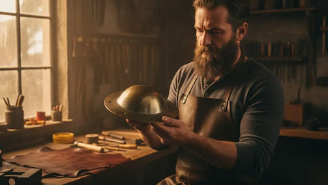 Medieval Viking Shield Boss Umbo Crafted From 14 Gauge Steel With Antique Brass Finish 8 Inch Diameter being held in workshop