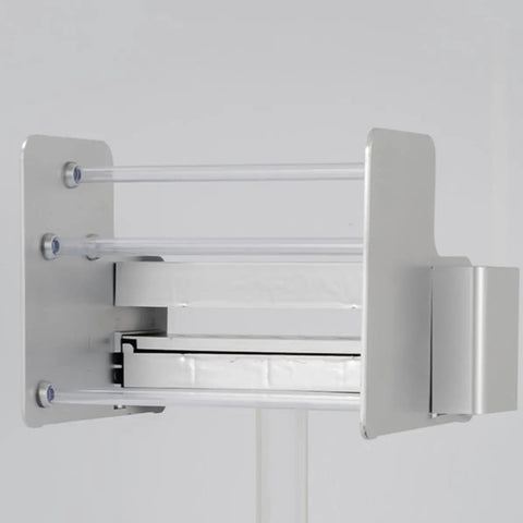 Close-up of Badass Portable Desktop Tool Organizer Rack W Drawer showing sliding drawer and silver polymer construction.