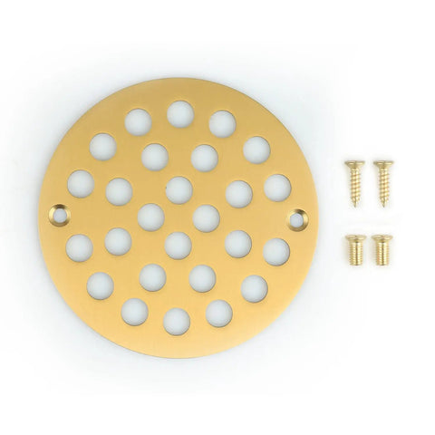 Heavy Duty Four Inch Screw In Round Shower Drain Cover With Sleek Brushed Gold Finish And Fast Drain Design For No Sweat Diy Bathroom Remodeling Projects, gold stainless steel cover with holes and screws.