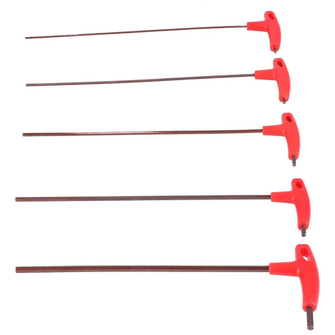 Absolute Beast 5 Piece T Handle Hex Wrench Set Forged From S2 Alloy Steel Heavy Duty Mechanical Repair Car Mechanic Work Rock Solid Build Quality With Full Size Range For CNC Machines And Garage Tool Organization Kits. Five red T-handle hex wrenches