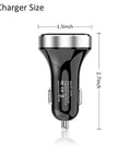Top Shelf Three USB Car Charger With Live Voltage Meter For Quick 12V And 24V Ride Power Straight Up Fast Charging Hub size dimensions 1.5inch x 2.7inch.