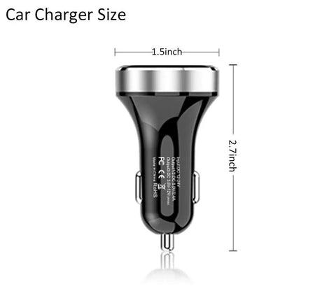 Top Shelf Three USB Car Charger With Live Voltage Meter For Quick 12V And 24V Ride Power Straight Up Fast Charging Hub size dimensions 1.5inch x 2.7inch.