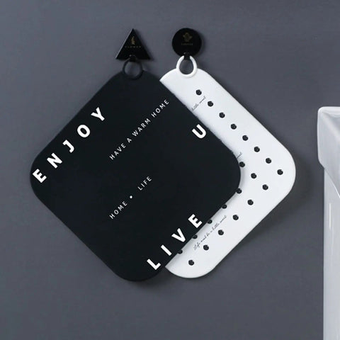 Hair Stopper Shower Drain Strainers Silicone Adjustable, A hanging on a wall, featuring black and white design with text.