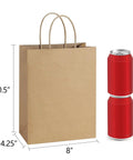 Kraft Paper Gift Bags With Handles 8x4.25x10.5 Inches Bulk Pack Of 100 Brown Recycled Bags Next to Two Cans for Size Comparison