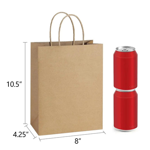 Kraft Paper Gift Bags With Handles 8x4.25x10.5 Inches Bulk Pack Of 100 Brown Recycled Bags Next to Two Cans for Size Comparison