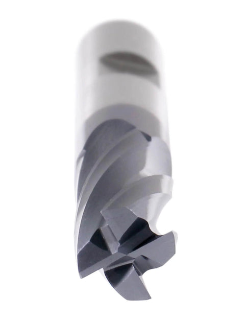 Finishing end mill with M42 8% cobalt TiAlN coating, close-up cutting tip