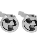 Pair of round chrome marine-grade stainless steel hatch latches with turning lock, front view