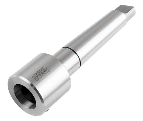 Mt4 To One And A Quarter Inch Weldon Shank Annular Cutter Arbor Adapter Drill Press Mount With Locking Key, silver steel tool design.