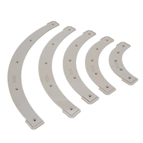 Pro Level Router Templates And Corner Radius Jigs Kit Featuring Five Heavy Duty Plastic Woodworking Guides with R100 to R300 radius shapes.