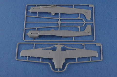 Ta 152 C-11 German Fighter Model Kit In One Forty-Eighth Scale With 8 Sprues, 100 Plus Parts, aircraft pieces on blue background.