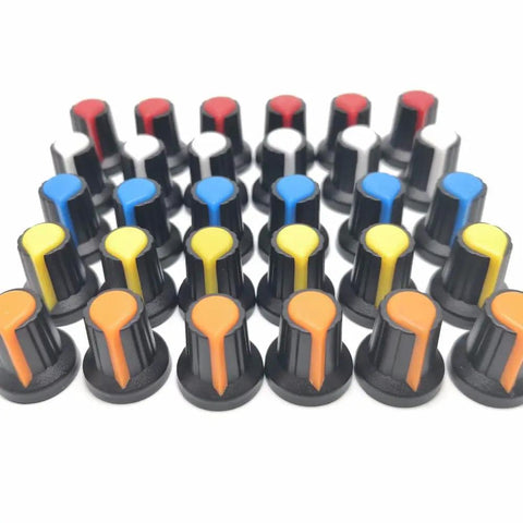 30 Pack Potentiometer Knob Cap Kit For 6mm Knurled Shaft Pots And Switch Caps Used On Electric Guitar And Bass Volume Tone Controls Multicolor Set In Green Orange Yellow Blue White Red Includes Rotary Handle Style Caps For Pedals