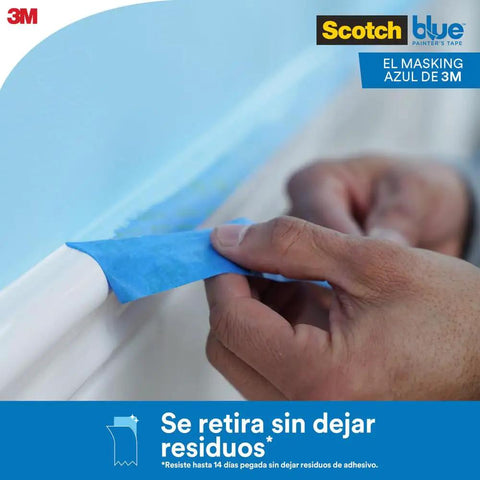 Blue Painters Tape For Multi Surface Use Easy Peel Damage Free Masking Tape applied on wall by hand.