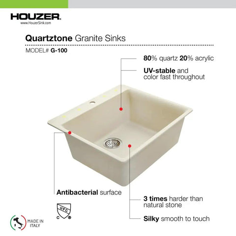 G100 Sand Quartz Tone Kitchen Sink in Biscuit Top Mount Large Single Bowl 9.5 Inch Depth Non Porous Silky Surface Built To Last