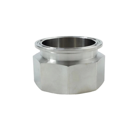 Stainless steel 304 tri-clamp to female NPT adapter, 2 in FNPT x 2 in TC, sanitary fitting, angled side view