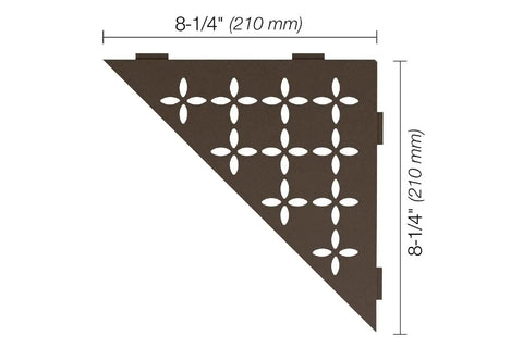 Triangular Corner Shelf For Tiled Walls In Aluminum With Floral Design Bronze Finish No Drill Install And 2mm Thick Anchoring Tabs