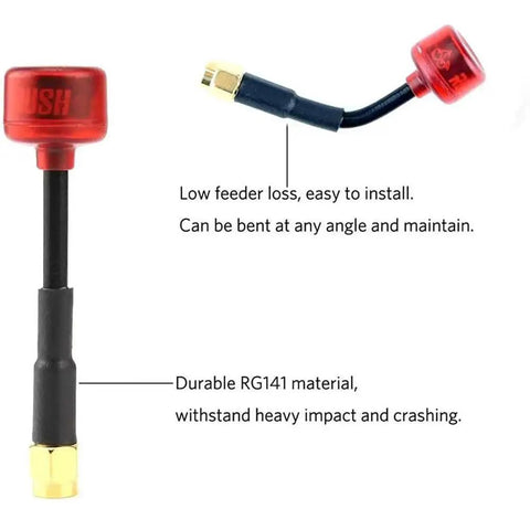Rush Cherry FPV 5.8G Circular Polarization Antenna with bendable SMA-Male connector and durable PC+ABS body, shown in red.