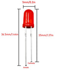 Two Hundred Pcs 5mm Red LED Diodes Kit For Electronics Projects with detailed measurements and labeled anode and cathode