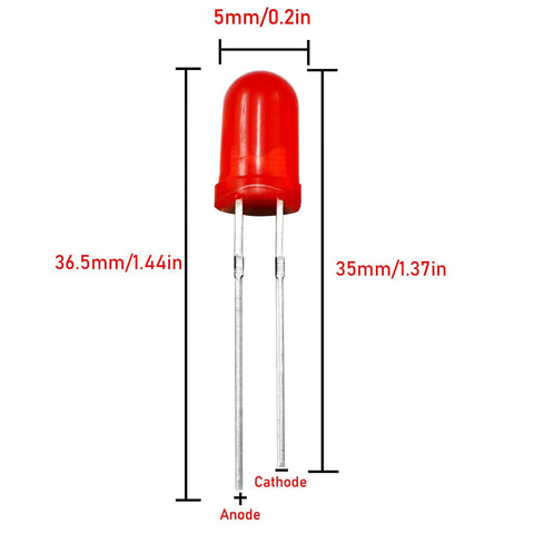 Two Hundred Pcs 5mm Red LED Diodes Kit For Electronics Projects with detailed measurements and labeled anode and cathode