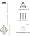 Lamparko Small Pendant Light Fixture with Crystal Cube, Brushed Nickel dimensions with crystal cube detail and adjustable tubes.