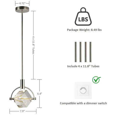 Lamparko Small Pendant Light Fixture with Crystal Cube, Brushed Nickel dimensions with crystal cube detail and adjustable tubes.