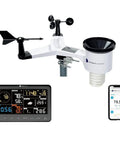 WS-2902 WiFi Smart Weather Station With Osprey Sensor Array Rain Cup And Color LCD Display shown with sensor array, LCD, and app view.
