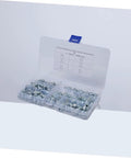 80 Piece Grease Fitting Assortment Kit With Angled And Straight Nozzles in open plastic case showing metal fittings compartments