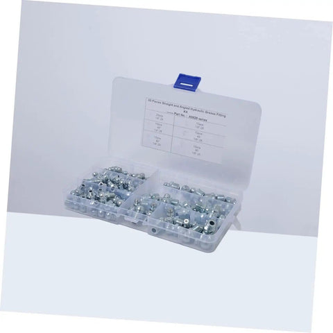 80 Piece Grease Fitting Assortment Kit With Angled And Straight Nozzles in open plastic case showing metal fittings compartments