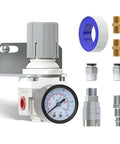 Air pressure regulator 1/4 in NPT with 0–150 psi gauge, mounted on bracket; includes brass adapters and tape