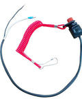 Universal Boat Outboard Kill Switch Lanyard with two safety tethers, coiled red cord for Yamaha Tohatsu Honda outboards.