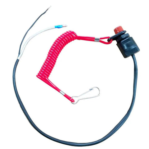 Universal Boat Outboard Kill Switch Lanyard with two safety tethers, coiled red cord for Yamaha Tohatsu Honda outboards.