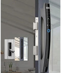 Slick Smart Lock Featuring Rapid Fingerprint Scanner Digital App Control Remote Password Plus IC Card Key Entry For Wood Or Metal Doors mounted on modern door.