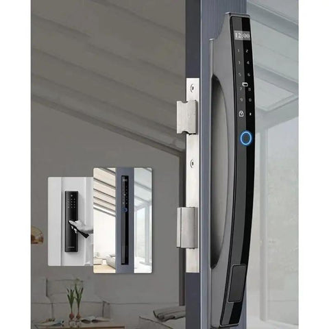 Slick Smart Lock Featuring Rapid Fingerprint Scanner Digital App Control Remote Password Plus IC Card Key Entry For Wood Or Metal Doors mounted on modern door.