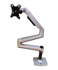 Upgrade Your Battlestation With This Badass Adjustable Monitor Mount Featuring An Extended Multi Angle Swivel Arm Smooth Dual Pivot Rotation And Rock Solid Heavy Duty Clamping Power. Silver adjustable monitor arm with dual pivot and sturdy base.