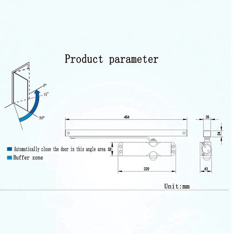 Diagram of Adjustable Automatic Soft Door Closer for Home Office and Fire Doors with dimensions and angle specifics