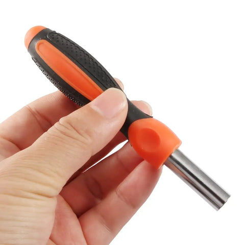 Straight Up Durable Quarter Inch Hex Shank Screwdriver Handle With Hella Secure Non Slip Grip And Strong Magnetic Bit Holder in hand.