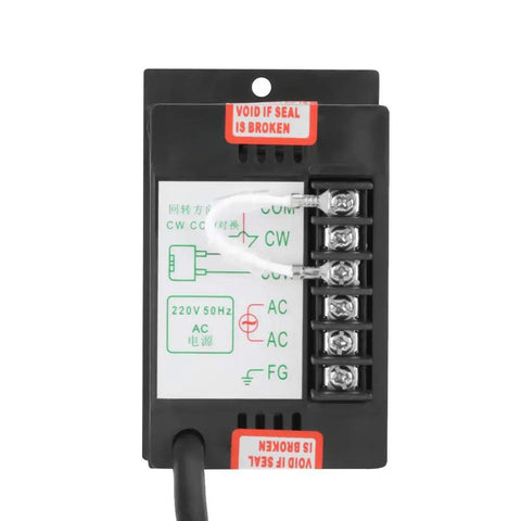 Back view of 400W AC 220V Motor Speed Controller Regulator with labeled terminals and "Void If Seal is Broken" notice.