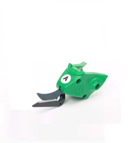Heavy Hitter Cordless Electric Scissors For Tough Fiberglass And Composites 32mm Cutting Width rechargeable fabric shears detail image of green handle and blade.