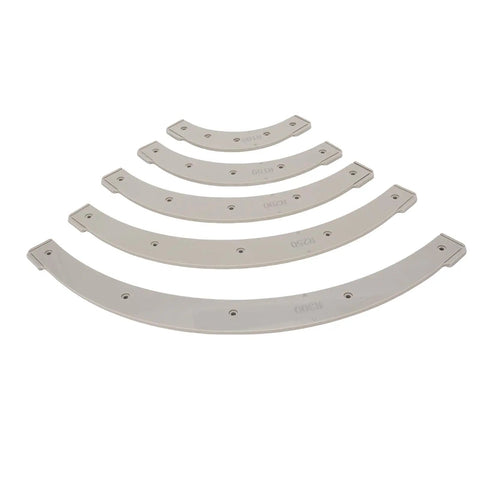 Kickass Radius Router Templates And Jig Set Featuring Five Precision Guides Spanning R100 To R300 in plastic for woodworking tasks.