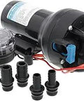 Par Max HD5 Heavy Duty 12V Water Pressure Pump 5 GPM 40 PSI For RV Camper Boat Marine Systems with fittings displayed
