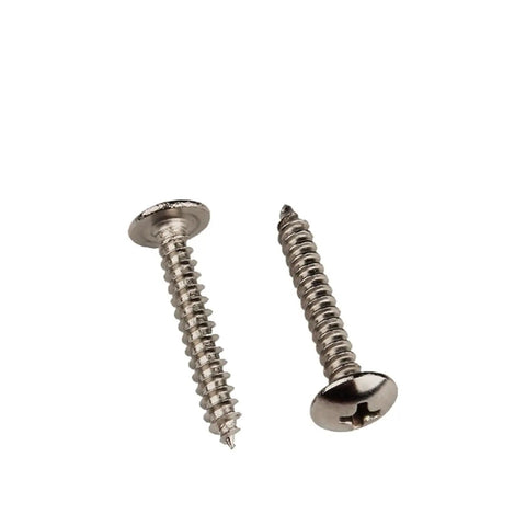 50 Piece Lot M4 X 20 Millimeter Phillips Cross Recessed Self Tapping Screws With Round Mushroom Pan Heads, display of two screws.