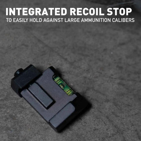 Low Profile Picatinny Anti Cant Level Bubble for rifles with integrated recoil stop on gray surface