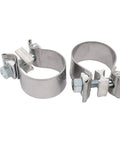 Pack Of 2 1.25 Inch Stainless Steel Muffler Exhaust Clamps For Harley Electra Glide Road King Road Glide Fits 1.75 Inch Inlet Mufflers Durable Dope Easy Install, shown from front angle.