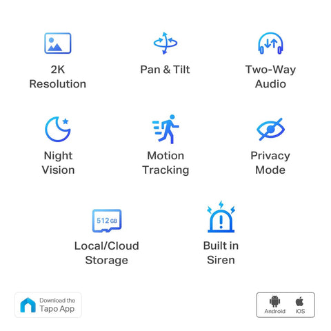 Feature icons for 2K Pan Tilt Home Security Camera For Baby And Pet Monitor With Motion Alerts, 2 Way Audio, Night Vision